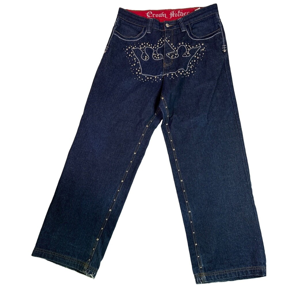 Vintage Crown holder Mens jeans Y2k Hip Hop Baggy With Studs Embroidery 34X32